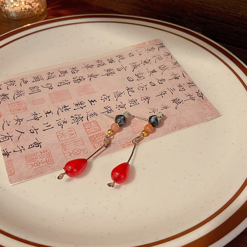 New Chinese-style ancient-style beaded tassel earrings, women's traditional Chinese style simple water drop earrings, elegant cheongsam Hanfu earrings wholesale Specification drawing