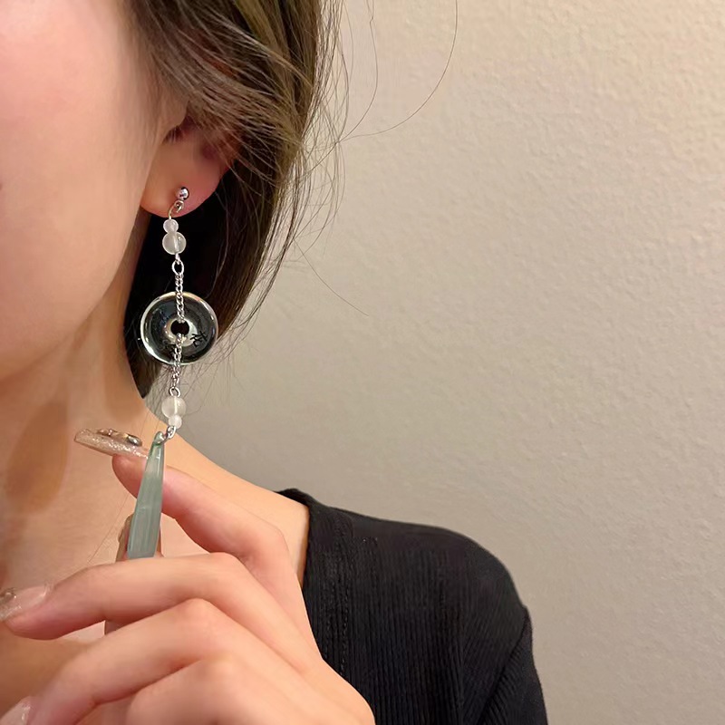 Yihuo Peanut ~ Calligraphy Peace Pendant Earrings, Niche Design, Traditional Chinese mosquito-repellent Incense coil Ear clips, Cool New Chinese Style earrings Specification drawing