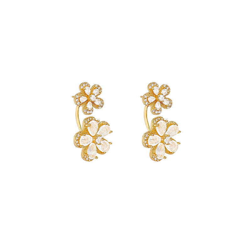 Exquisite micro-inlaid zircon flower earrings for women, light luxury, niche, versatile, elegant and high-end style, back-hanging stud earrings Item Picture