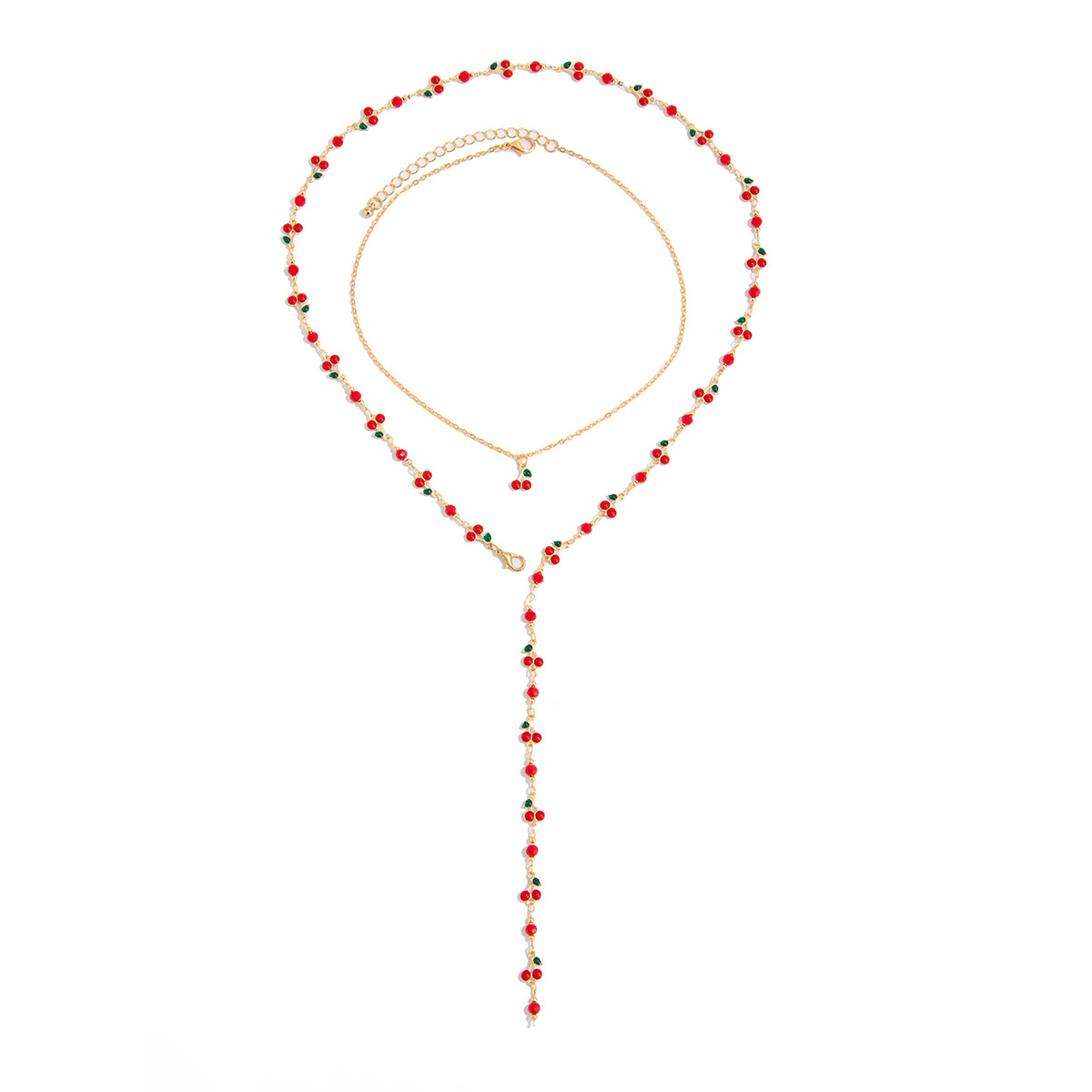 European and American cross-border jewelry summer sweet style cherry Y-shaped pendant necklace, simple and elegant crystal collarbone chain for women Item Picture