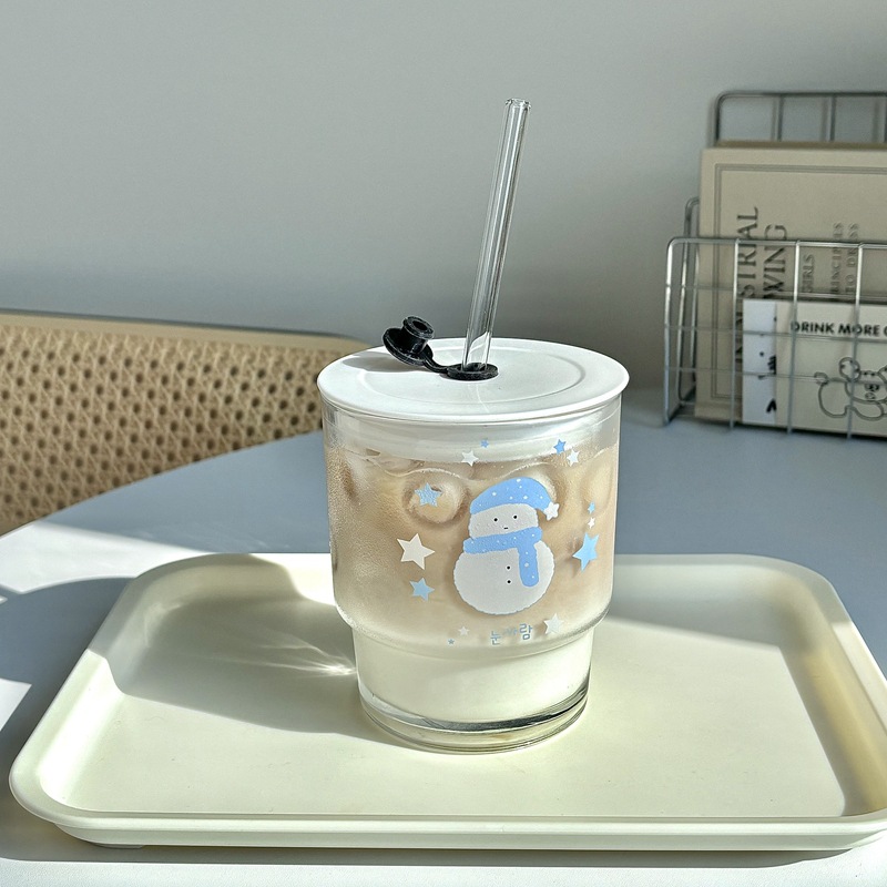 Christmas snowman glass straw cup, girl's heart water cup, student drinking cup, glass cup wholesale details Picture