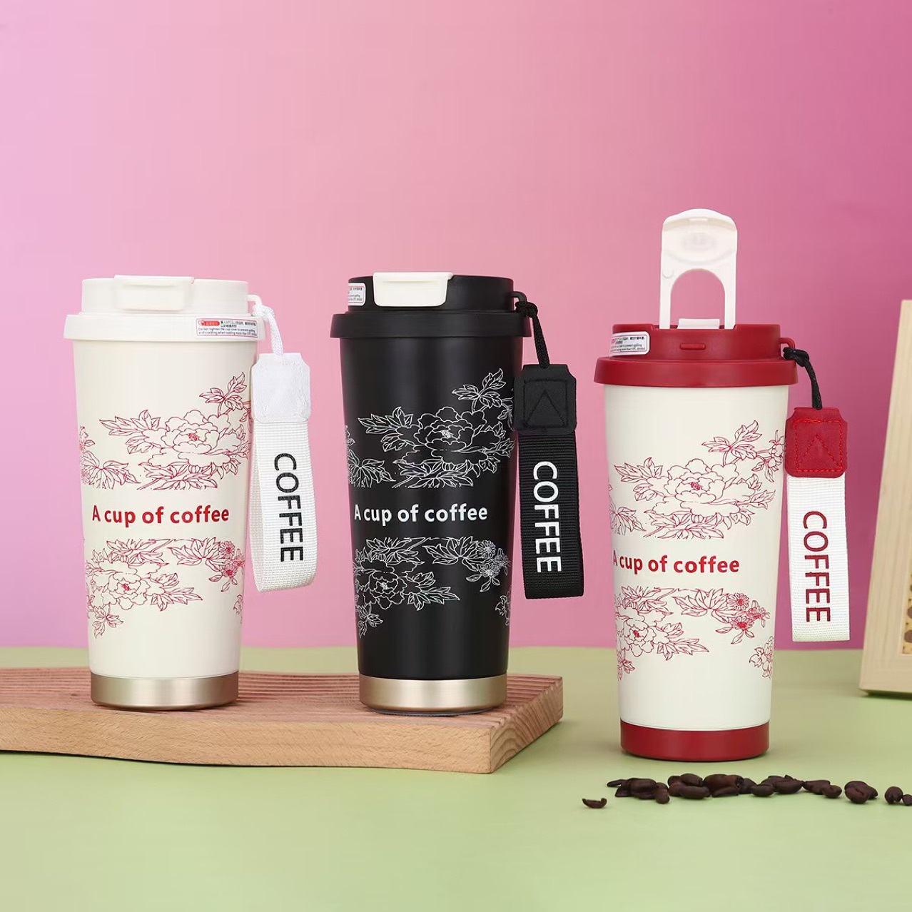 New high-appearance 304 stainless steel lily of the flower coffee cup with heat and cold preservation, portable large-capacity double-drinking straw cup details Picture