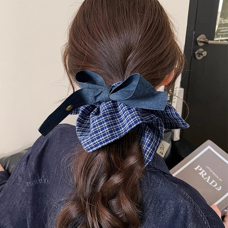 Korean-style denim blue bow check square scarf, large intestine hair tie, women's high-end look, square hair tie headwear, ponytail hair tie full figure