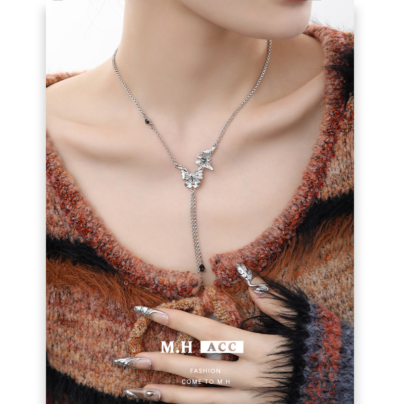 Obsidian butterfly earrings, tassels, high-end style, original cold style earrings, women's fashionable and exquisite stud earrings wholesale Specification drawing