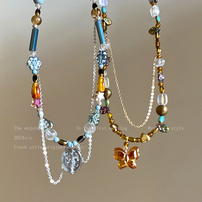 Retro butterfly pendant beaded necklace for women, 2024 new double-layer forest-themed collarbone chain, ethnic style summer accessory details Picture