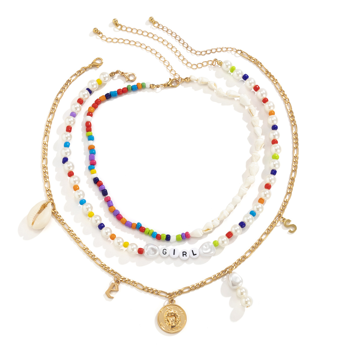 A simple and individual-style color-blocking rice bead shell woven necklace and a retro European and American imitation pearl patchwork letter necklace Item Picture