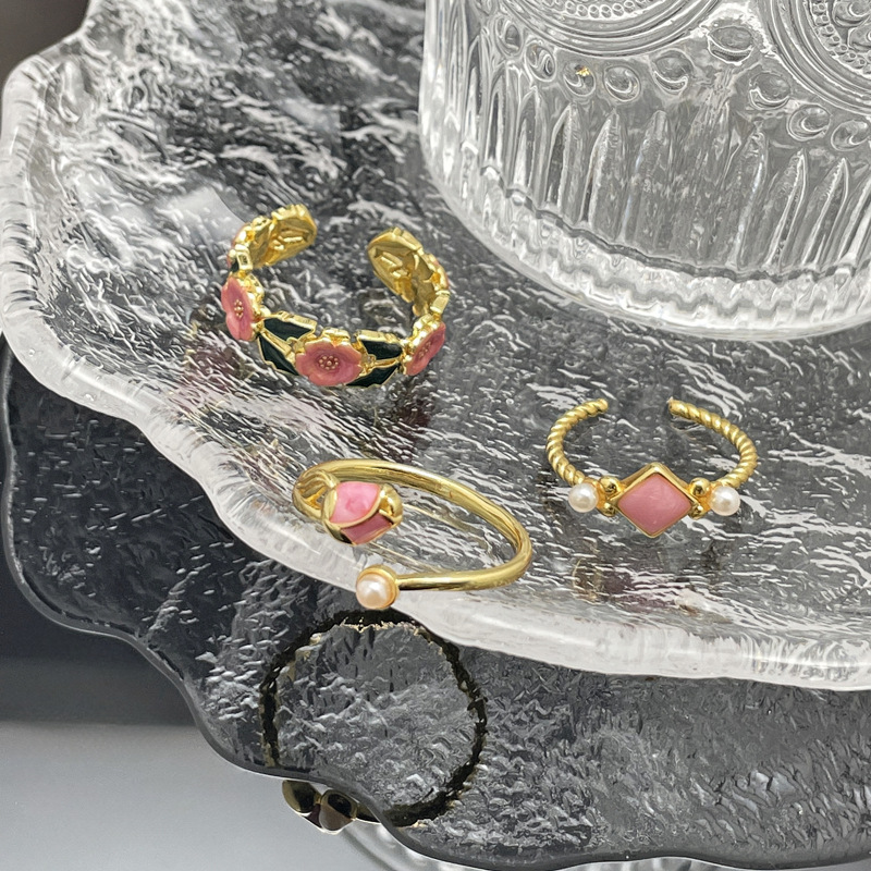 French retro enamel rose flower drop glaze open ring for women's ins cold style sweet cool fashion versatile ring details Picture