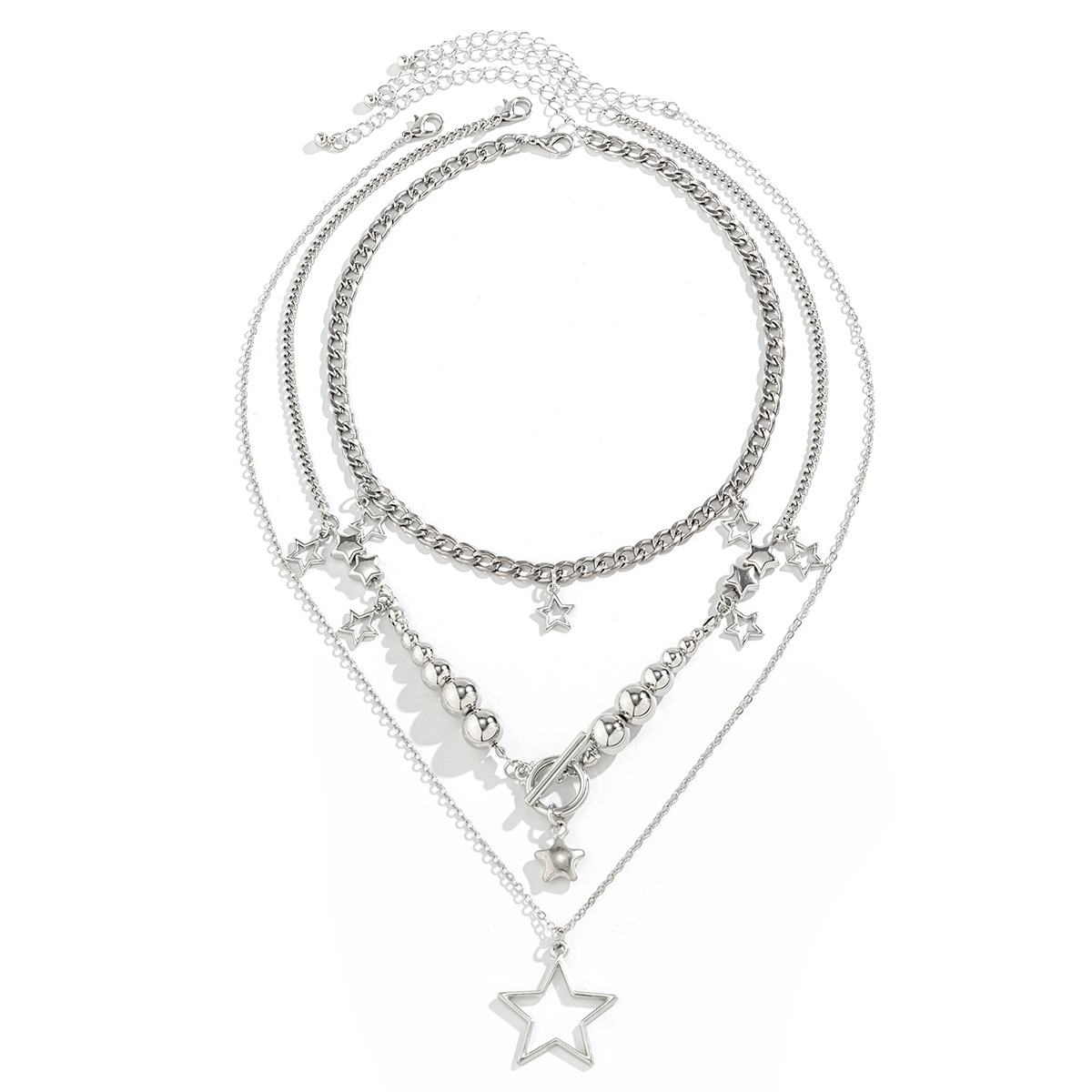 European and American cross-border accessories, spicy girl style, small star-shaped tassel set necklace, female hip-hop round bead cold necklace Item Picture
