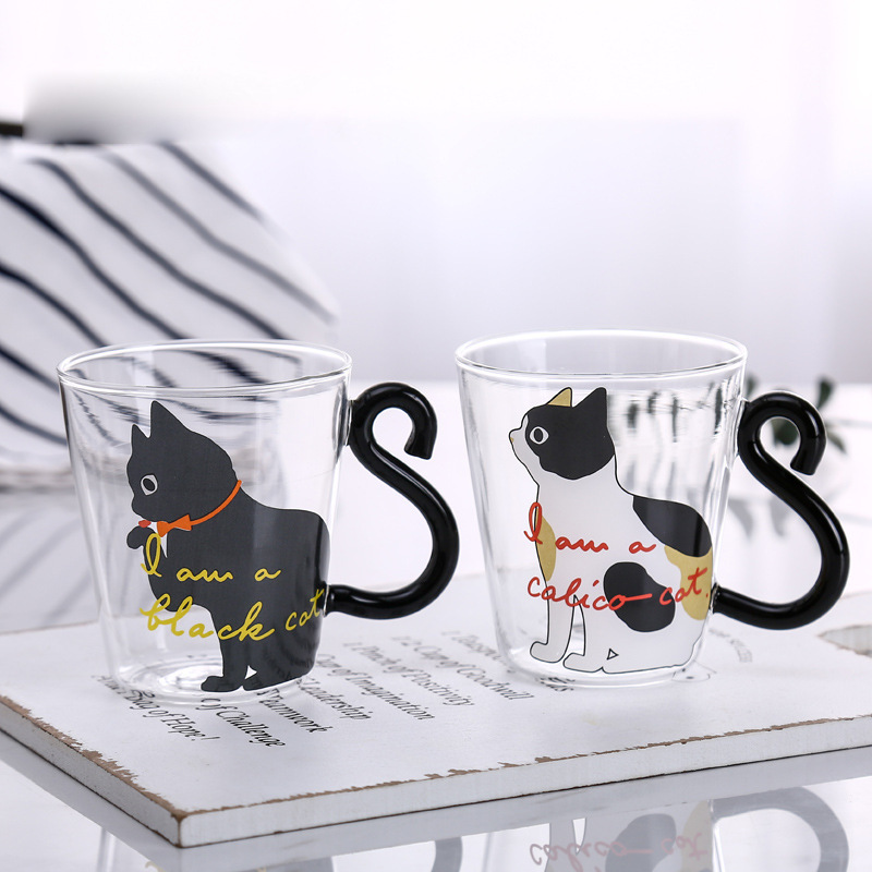 Household cartoon cat cups, popular high borosilicate glass cups with handles, couple water cups, children's milk coffee cups full figure