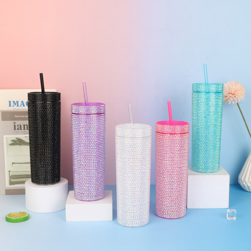 Cross-border exclusive double-layer diamond-encrusted plastic cups 16OZ straight straw cups, personalized party commuting water cups factory wholesale full figure