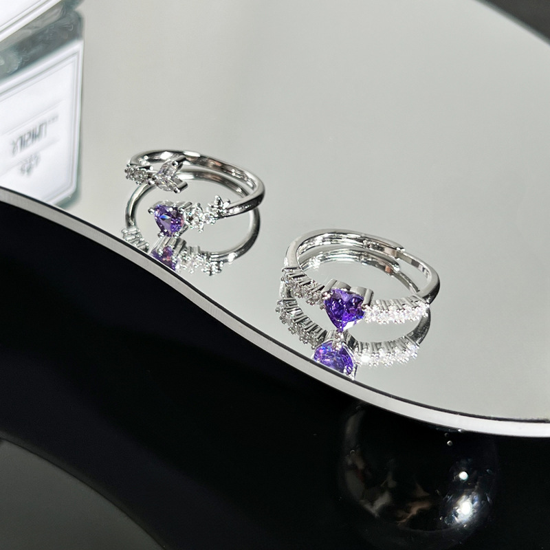 Sweet, cool and high-end heart-shaped purple diamond niche open ring for women's Instagram cold style Korean style fashionable index finger ring Application Scenario