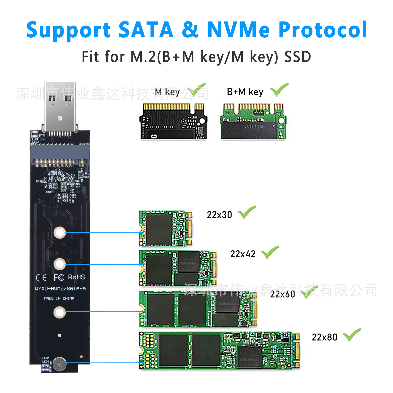 M.2 NVMe PCIe to USB3.2 Gen2 Type A M.2 through-hole adapter board details Picture
