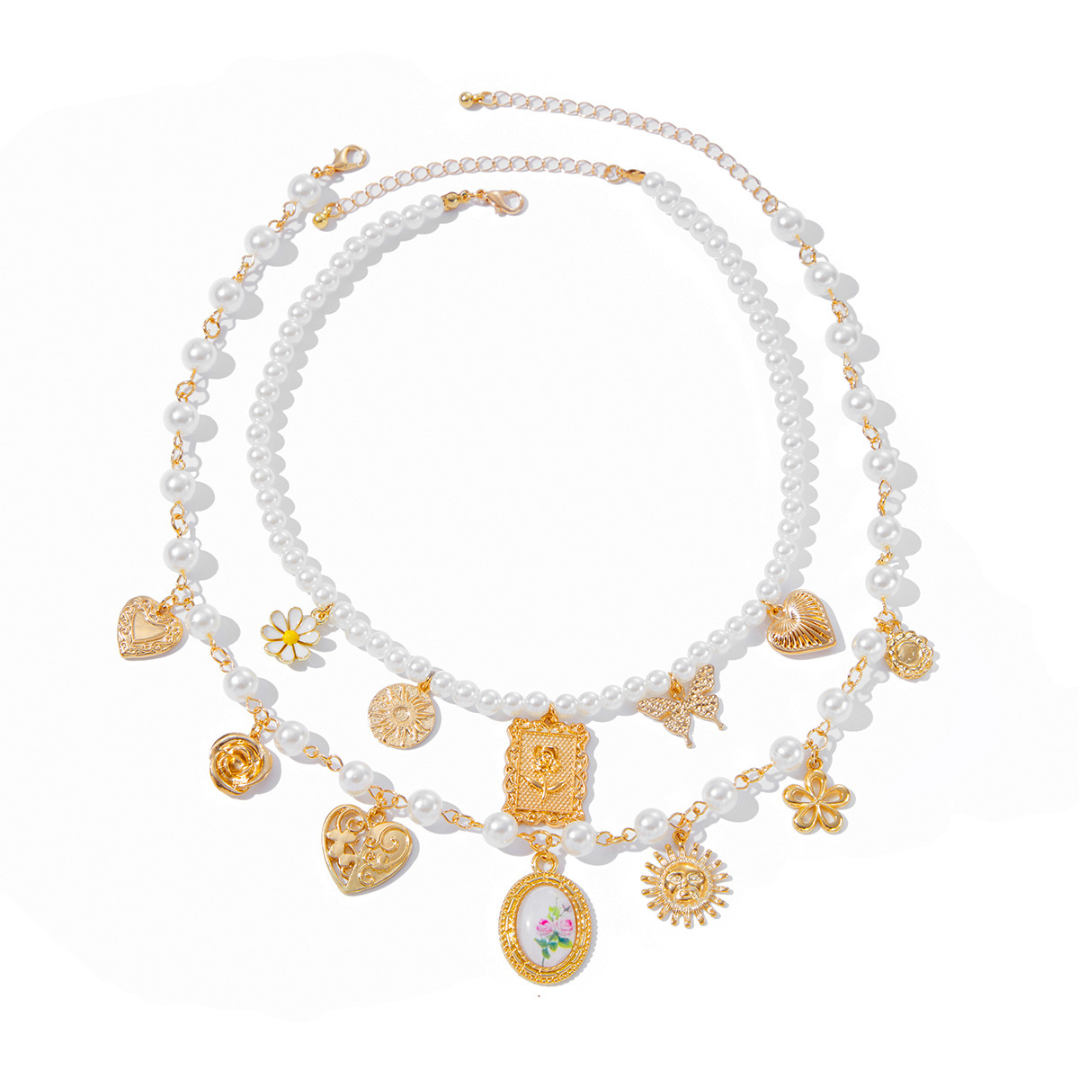 European and American cross-border jewelry, vacation style butterfly sunflower alloy necklace, sexy hot girl pearl beaded collarbone chain Item Picture