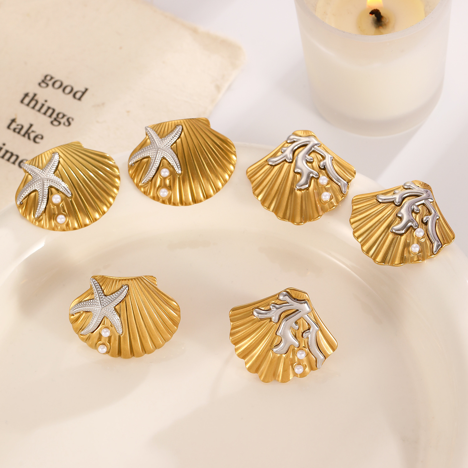 European and American cross-border color-matched stainless steel pearl shell ring stud set, high-end ocean-style earrings and jewelry Specification drawing