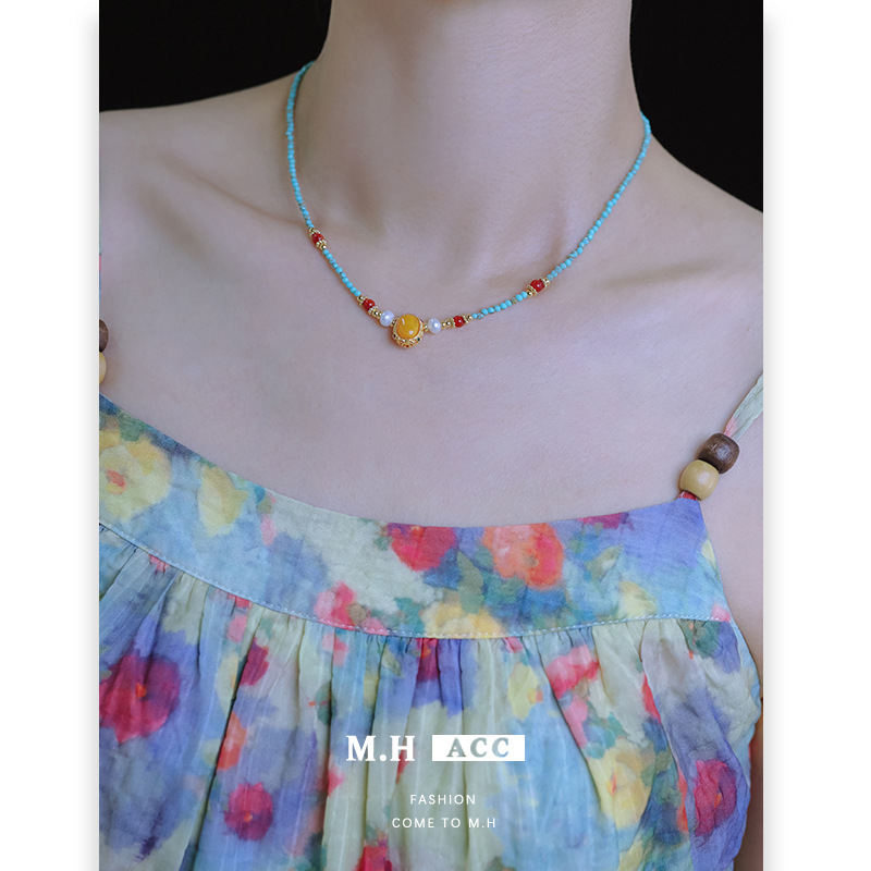 New Chinese-style amber and turquoise beaded necklace, fashionable and high-end, versatile and elegant, natural stone collarbone chain for women Specification drawing