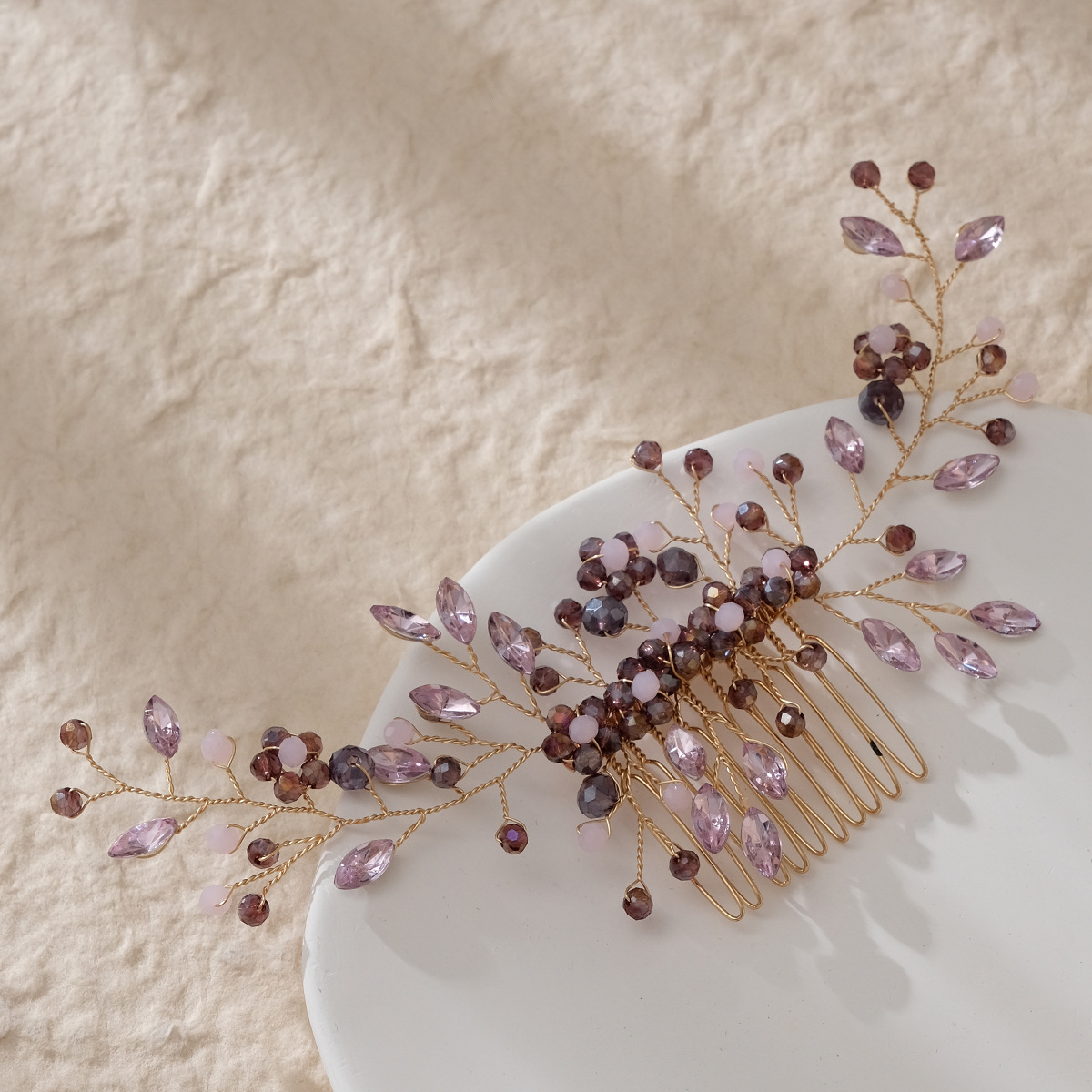 European and American cross-border retro water diamond insert comb, handcrafted ancient-style Hanfu hair accessory, purple crystal hair comb, bride's headwear Specification drawing
