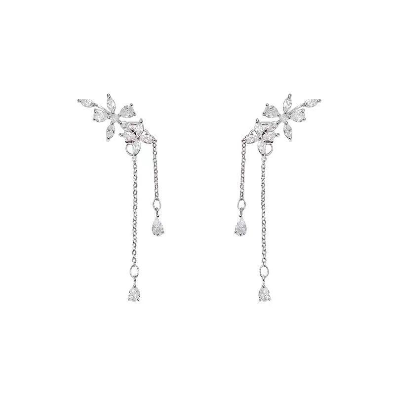 s925 Korean version Super Flash Zircon Flower earrings, a light luxury, niche and high-end design long tassel stud earrings Item Picture