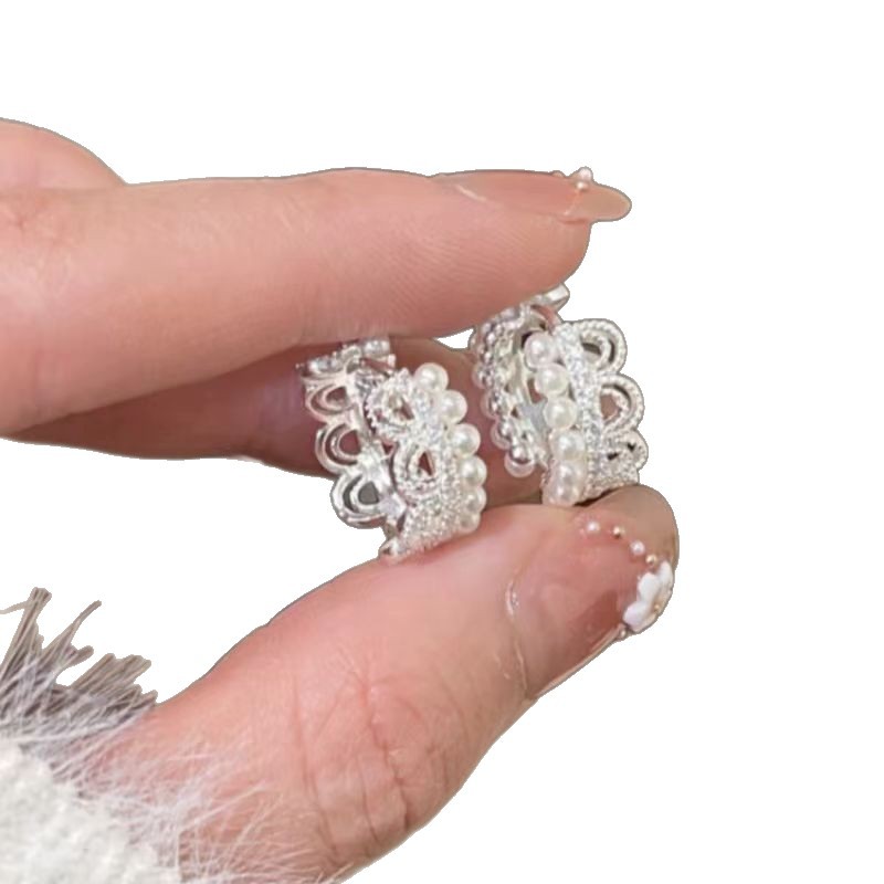 French-style zirconium lace pearl ear loops, women's ear rings, light luxury, high-end, elegant and grand earrings, stud earrings Item Picture