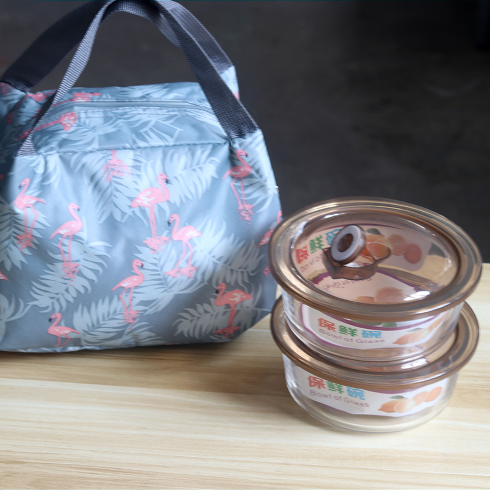 Factory wholesale of two-piece glass food preservation bowls, creative insulation cloth bags, cloth bags and food preservation box sets. Logos can be customized Specification drawing