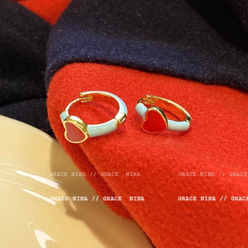 Red glazed heart-shaped ear studs for women, versatile and fashionable, 2025 new style, cold and stylish earrings details Picture
