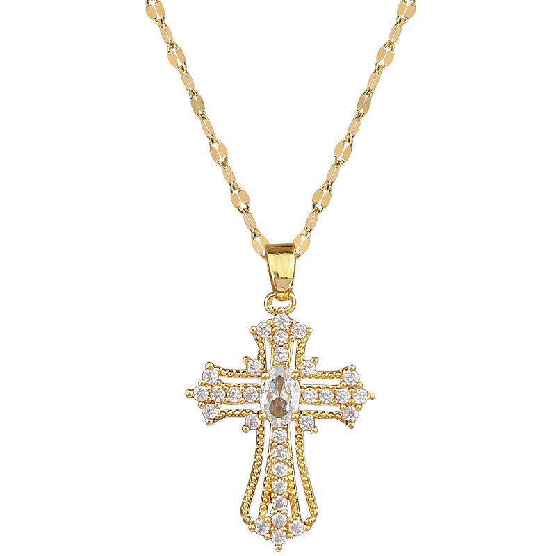 【 Titanium Steel 】 Cross light Luxury style, luxurious full diamond necklace, versatile collarbone chain for female Internet celebrities, titanium steel chain Item Picture