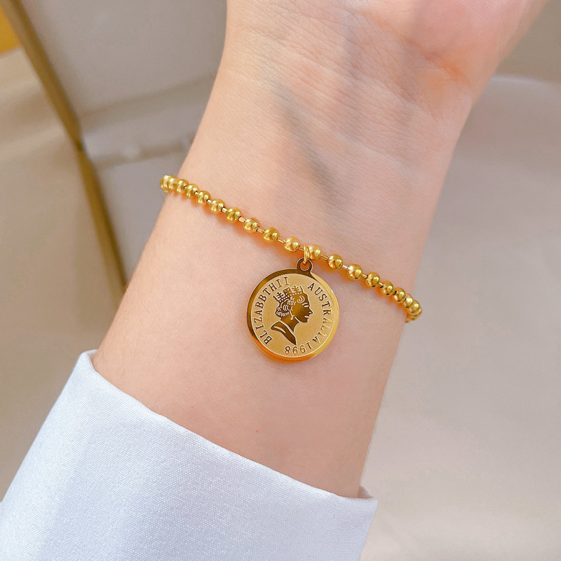 【 All-titanium Steel 】 Round plate head round beads, elegant and lucky minimalist chain bracelet, female Internet celebrity, retro best friend full figure