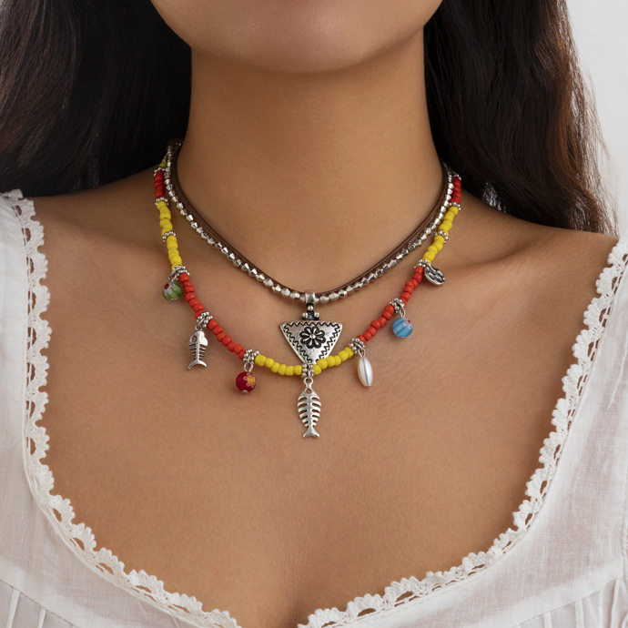 European and American cross-border jewelry, colorful retro Bohemian multi-layer necklace, geometric seafood beaded pendant, collarbone chain details Picture