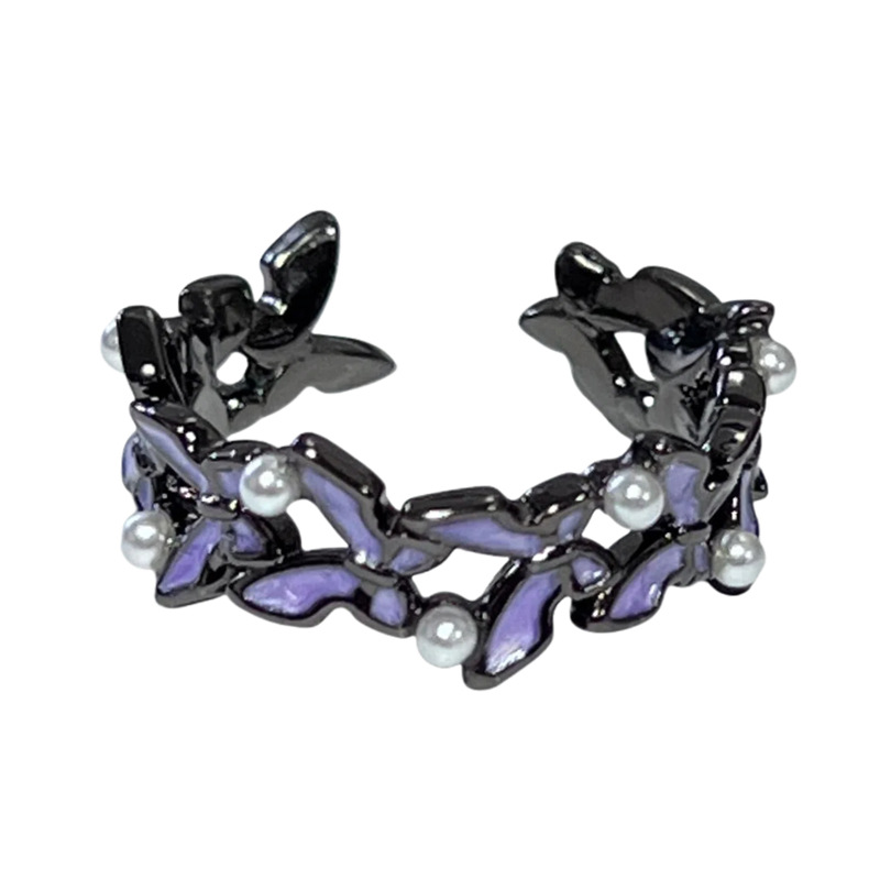 Cross-border punk dark irregular butterfly pearl drip glaze open ring for women, gender-neutral style, sweet and cool personality ring Item Picture