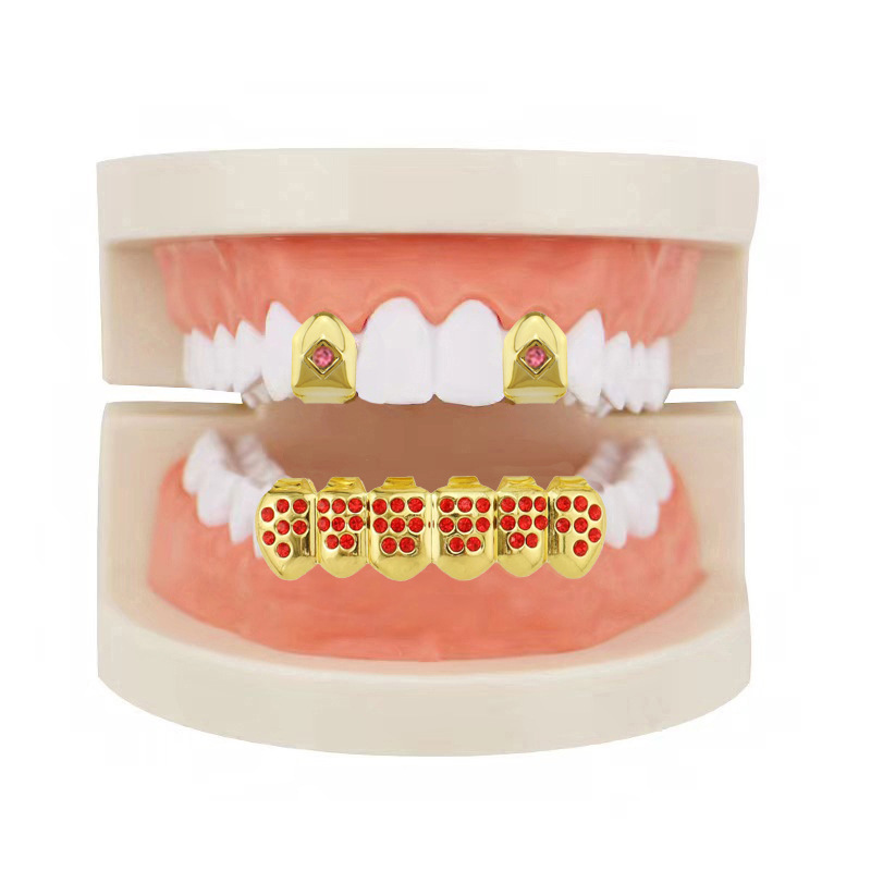 European and American hip-hop braces, hiphop glossy color diamond single set, decorative color diamond braces set, Vampire gold braces details Picture