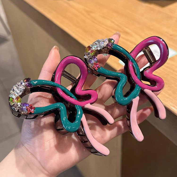 Original design dopamine water diamond bow hair clip, high-end and exquisite grappling clip, Korean diamond-encruted updo shark clip full figure