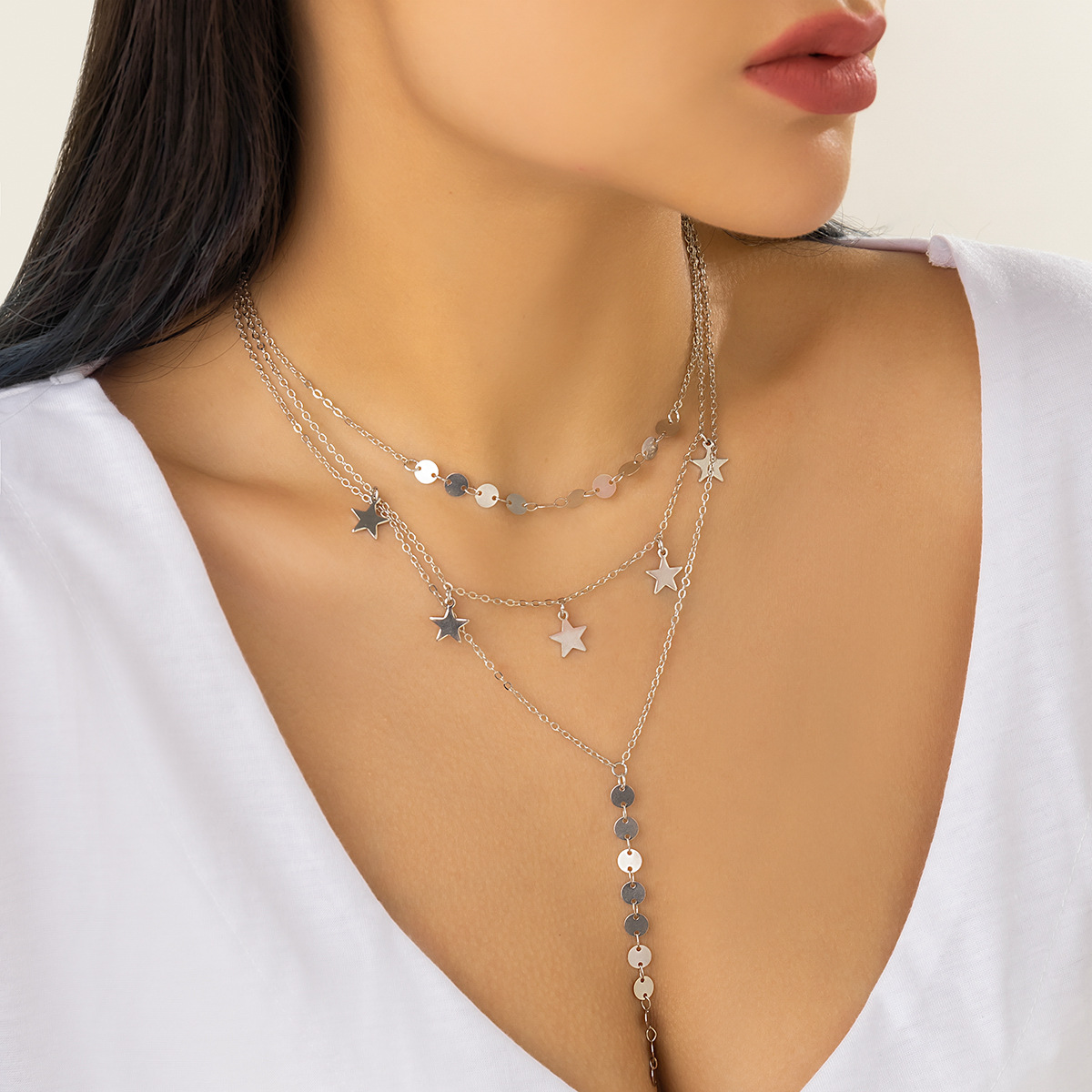 European and American cross-border jewelry fashion metal chain round tassel necklace, hip-hop multi-layer layered wearing niche necklace for women full figure