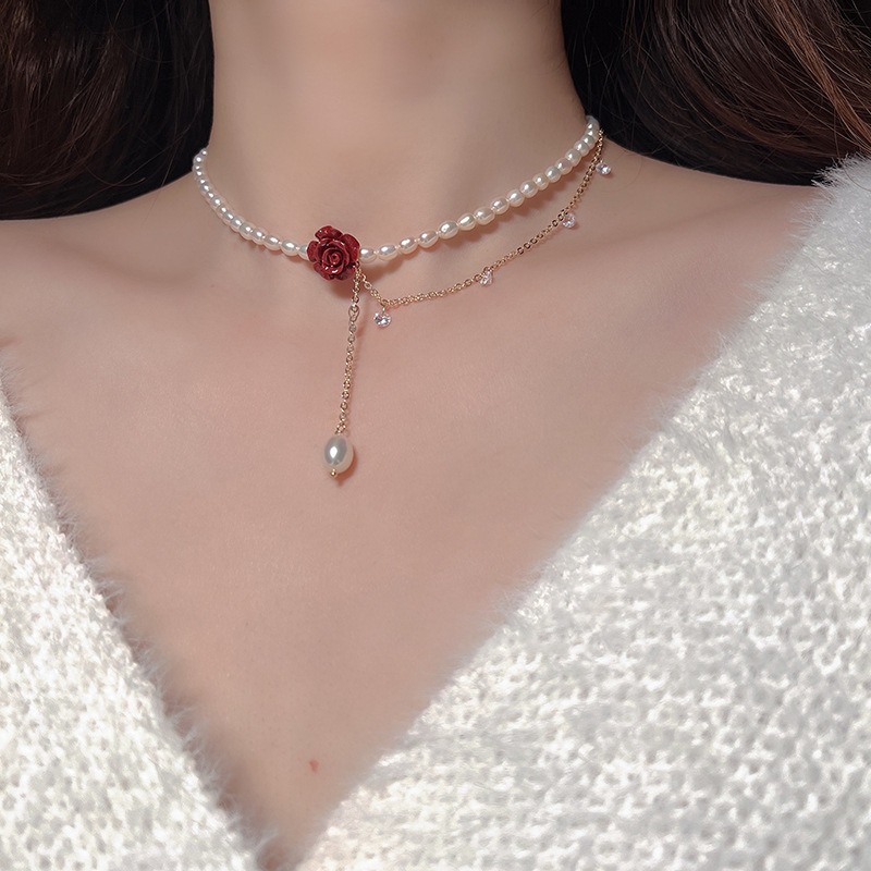 Rose flower zircon pearl necklace, Korean niche design sense, ins style neck chain, collarbone chain, elegant necklace for women full figure