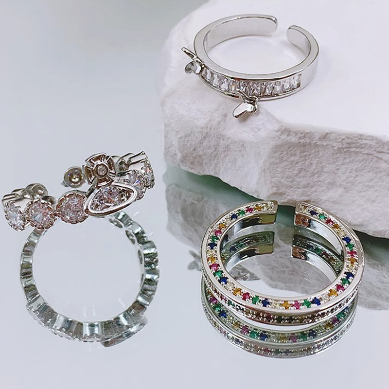 Dopamine accessory rainbow diamond zircon ring, women's light luxury trendy exquisite butterfly ring, elegant open index finger ring full figure
