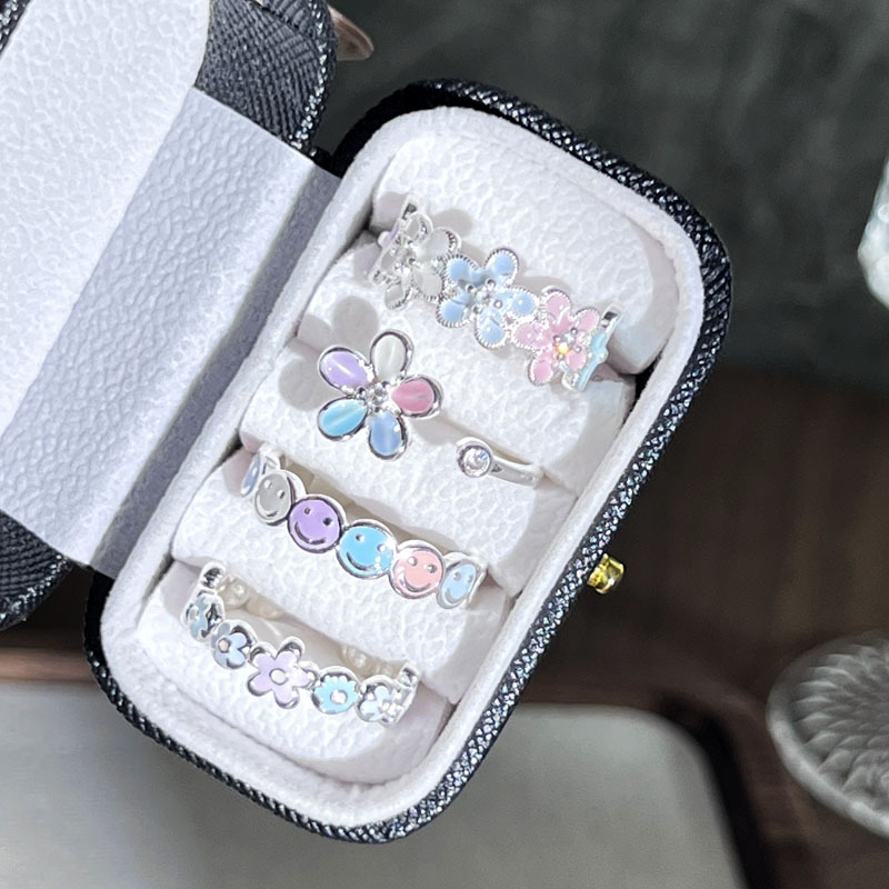 Summer sweet and exquisite colorful enamel drop glaze open ring, a gentle French style flower smiling face niche ring for women Specification drawing