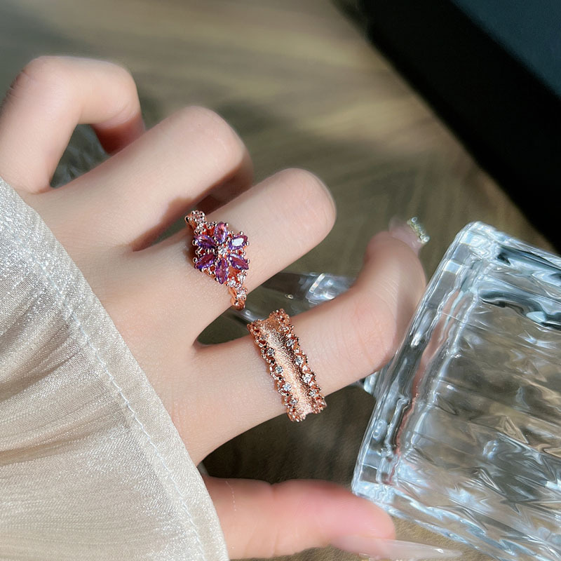 Japanese rose gold purple diamond bestseller snowflake grass cutting ring, a niche design for women, light luxury retro brushed ring details Picture