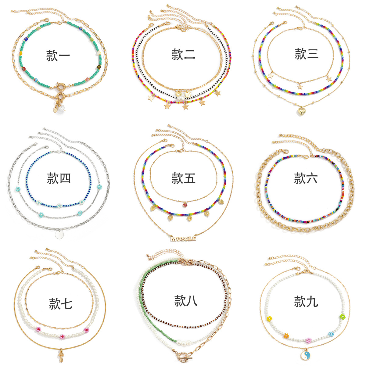 European and American retro color-blocking rice beaded necklace for women, simple Bohemian style hand-woven necklace Item Picture
