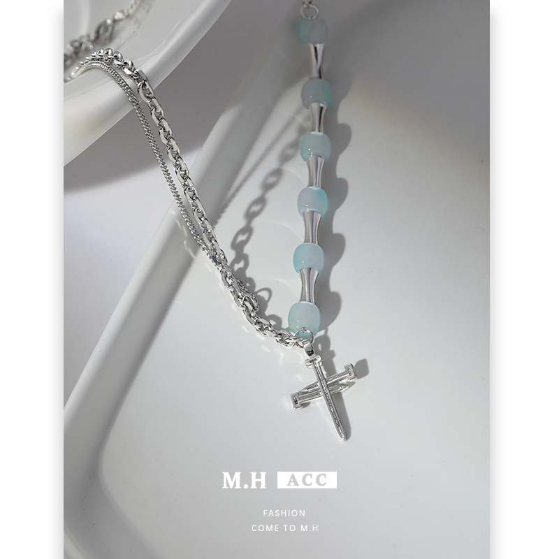 Blue beaded cross necklace, women's chain, fashionable hip-hop sweater chain, exquisite and versatile, cold style necklace wholesale full figure