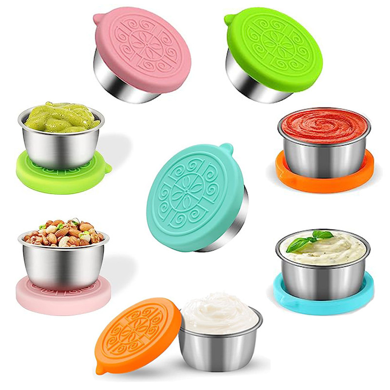 304 stainless steel sauce cups with silicone LIDS, 40ml, 50ml, 70ml leak-proof salad tomato sauce dressing sauces full figure