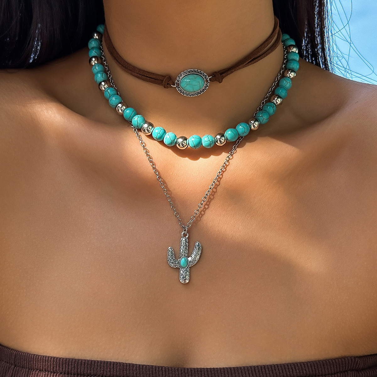 European and American cross-border jewelry, retro imitation turquoise collarbone chain, niche beaded necklace set, ethnic-style cactus necklace Specification drawing