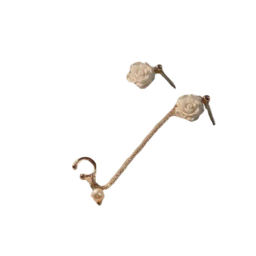 2025 New trendy white rose asymmetrical ear bone clamp one-piece earrings, retro court-style fairy tassel earrings Item Picture