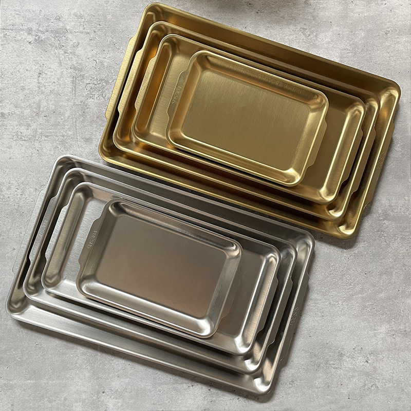 Thickened rectangular golden barbecue plate, vegetable plate, sushi plate, outdoor tray, 304 stainless steel Korean barbecue plate full figure