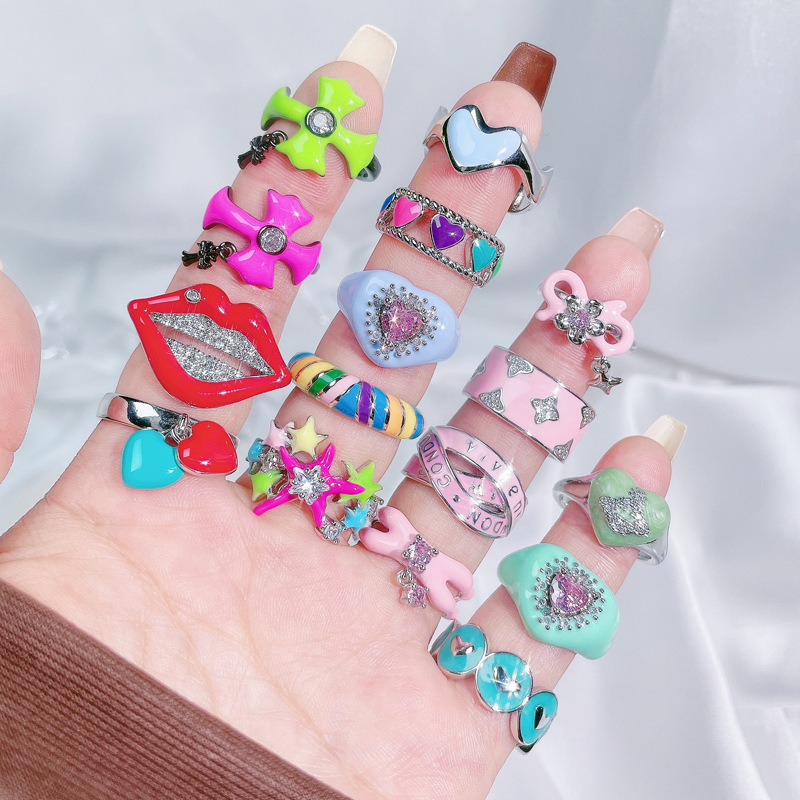 Dopamine colored glazed heart-shaped bow open ring, sweet, cool, fashionable and exquisite layered, trendy and unique ring for women details Picture