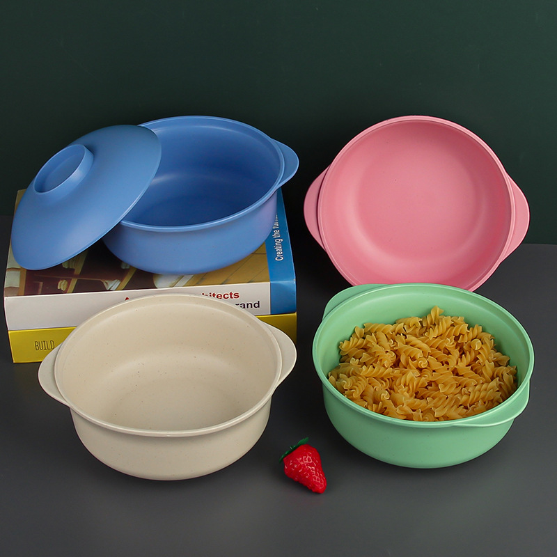 Amazon wheat bowl, clay pot bowl, 20cm round bowl, plastic bowl, household double-ear bowl with lid, student dormitory instant noodle bowl details Picture