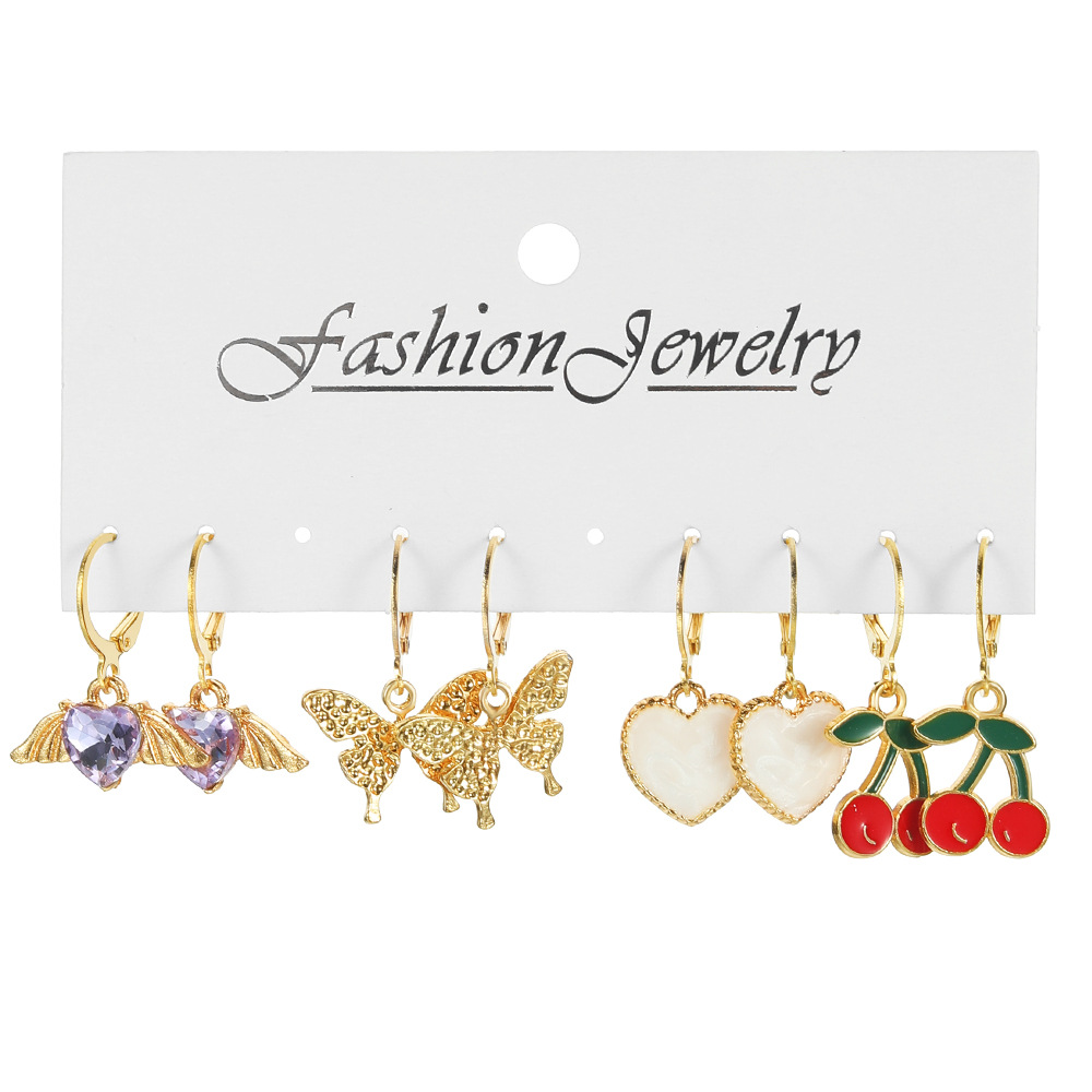 Wholesale of 9 pairs of creative butterfly heart cherry pearl ear buckles in the new cross-border alloy inlaid rhinestone earring set Item Picture