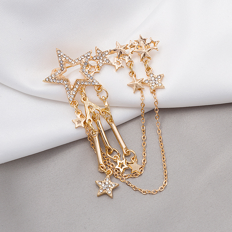 Japanese and Korean diamond-encrusted five-pointed star chain tassel brooches, JK girl pins, clothing accessories, badges, and inlaid ornaments are in vogue details Picture