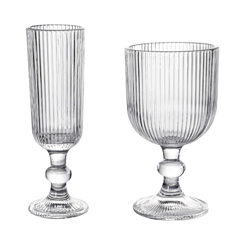 A complete set of American low-stemmed vertical striped red wine glasses, highball glasses, vertical striped glass wide-mouthed ice cream glasses and hotel wine sets Item Picture