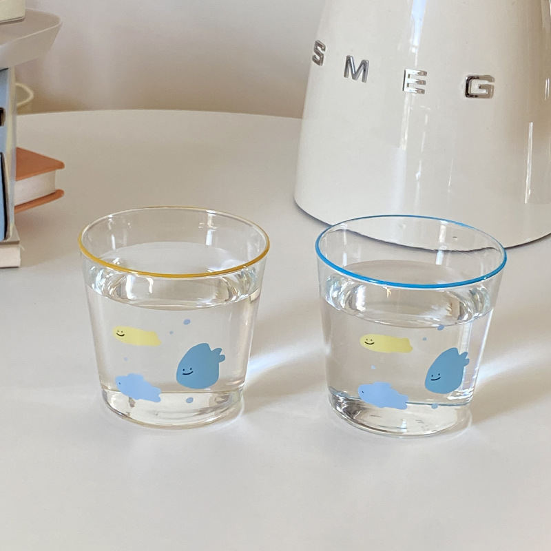 ins cartoon abstract little fish glass cup, cute blue, blue little fish heat-resistant, juice milk cup, couple water details Picture