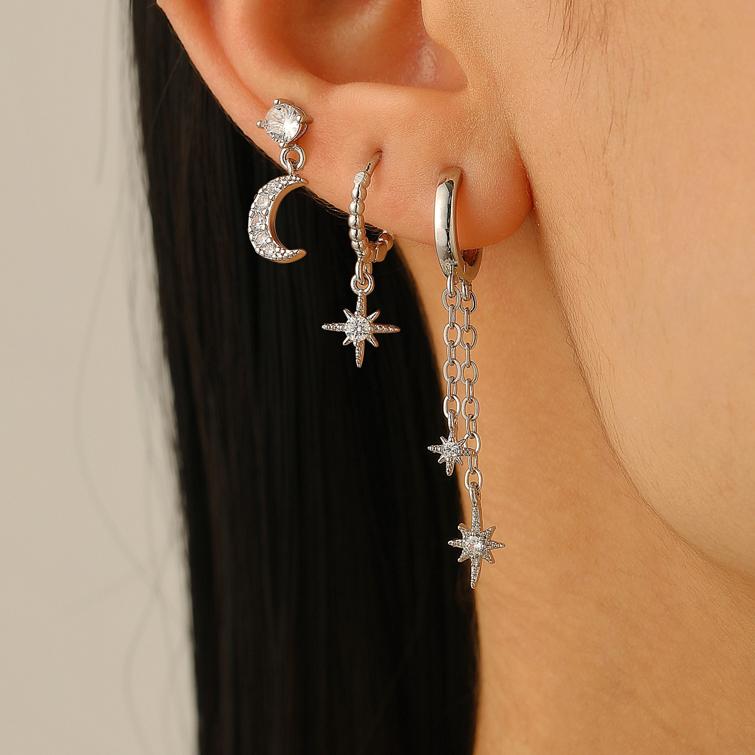 European and American cross-border Amazon Star and Moon ear stud, ear buckle, ear ring set, Zircon earrings, fashionable and light luxury earrings for women details Picture