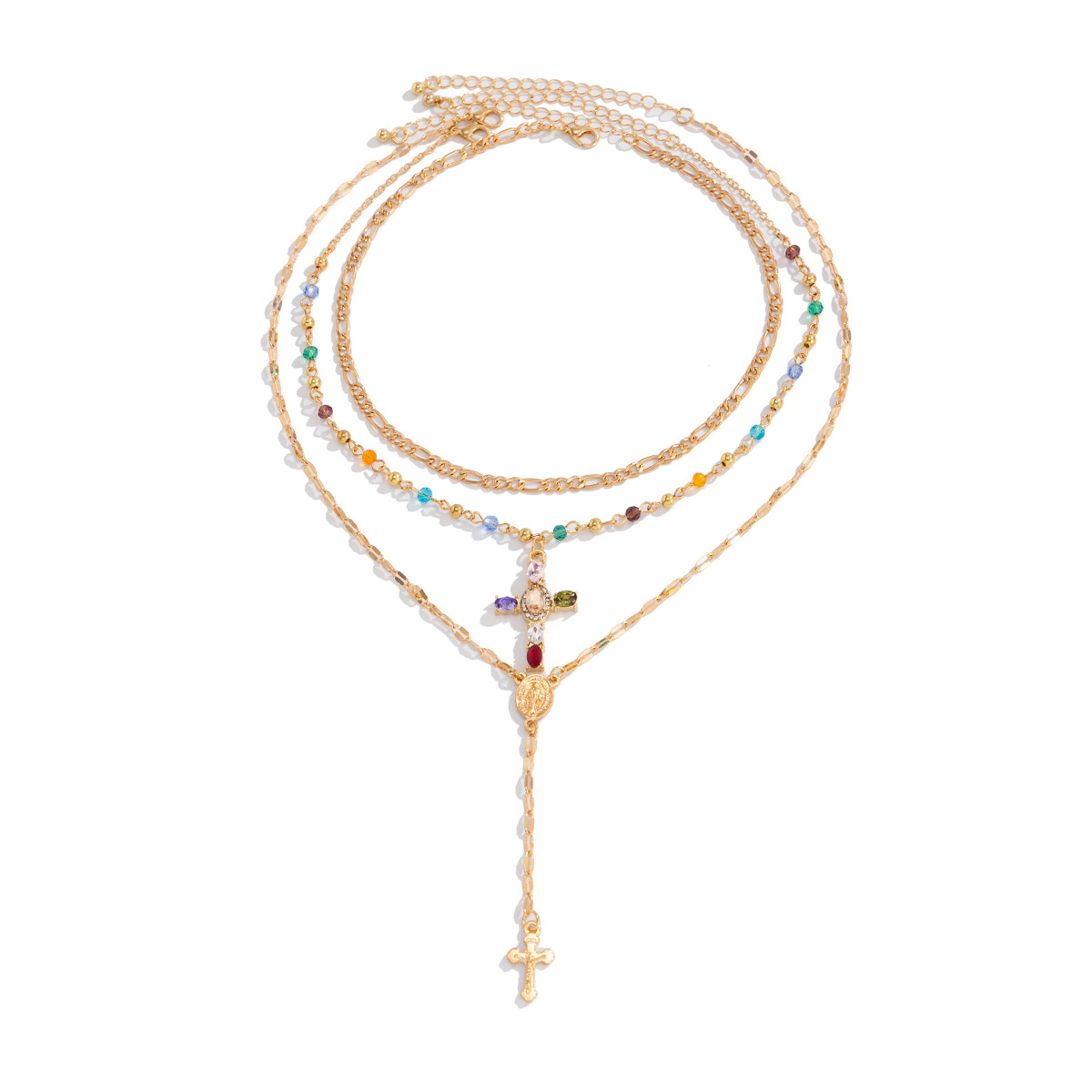 European and American cross-border fashion Y-shaped tassel necklace, women's creative color double-layer cross pendant collarbone chain accessory Item Picture