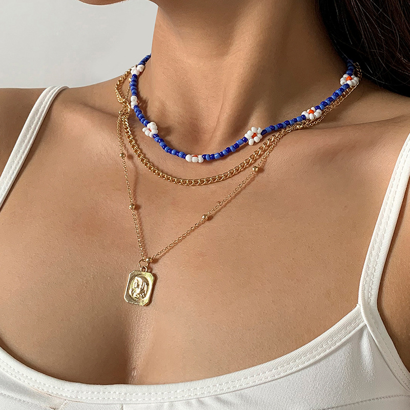 European and American cross-border personalized ethnic style small Daisy beaded colorful necklace, geometric floating engraved square plaque simple necklace for women full figure